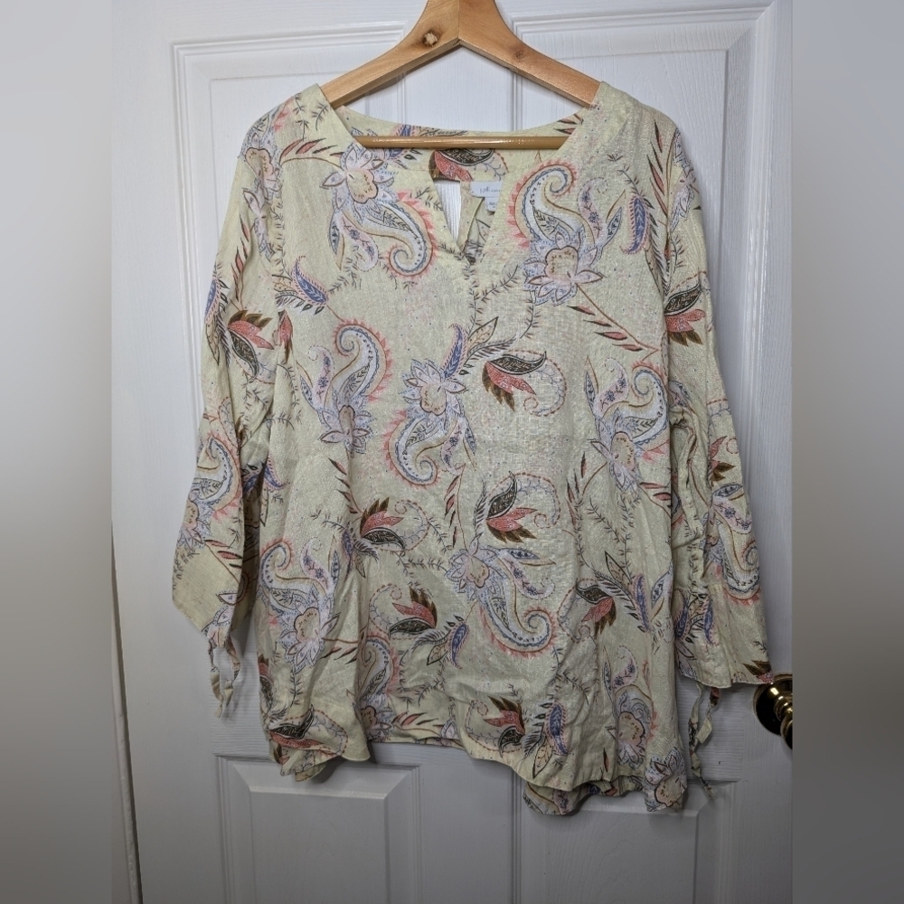 J. Jill Womens Top Love Linen Size XL Green Floral 3/4 Sleeve Tie Shirt Blouse